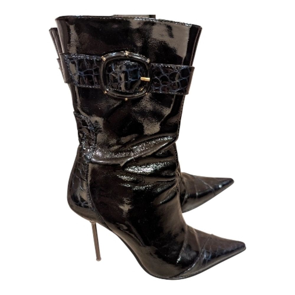 Black Patent Stiletto Mid-Calf Pointed Toe Boots | Croc Embossed | Size 35